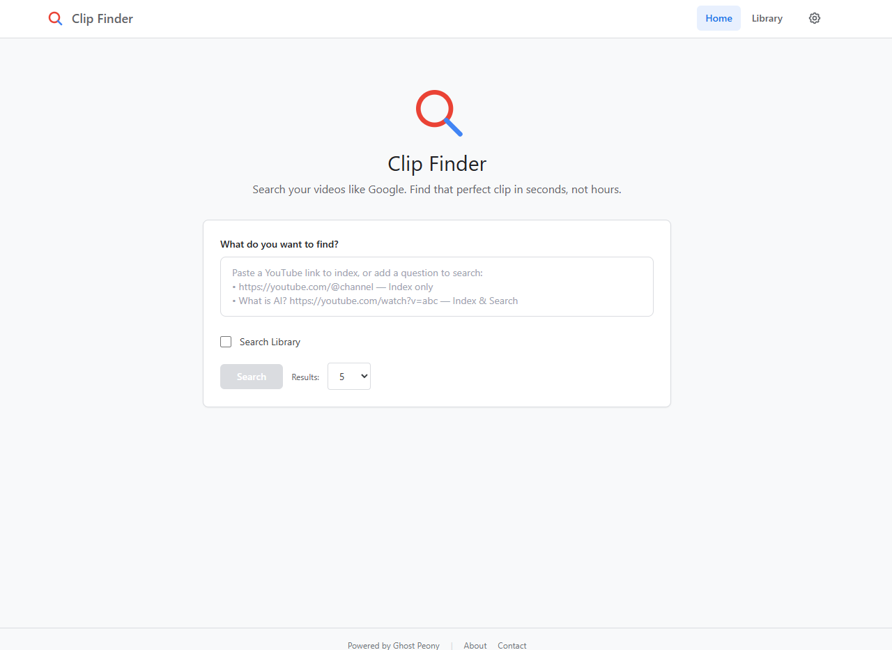 Clip Finder application interface showing semantic search results for YouTube video transcripts with timestamp citations